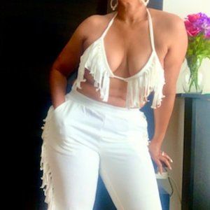 2 PC WHITE FRINGE BRA TOP AND SWEAT SUIT